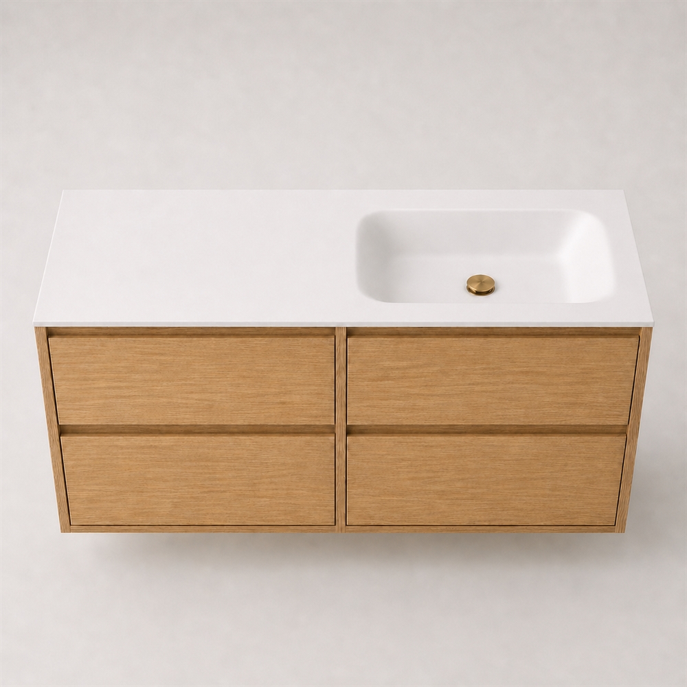 Corian wastafelblad 122 cm incl. Lux wastafel, rechts, Glacier White