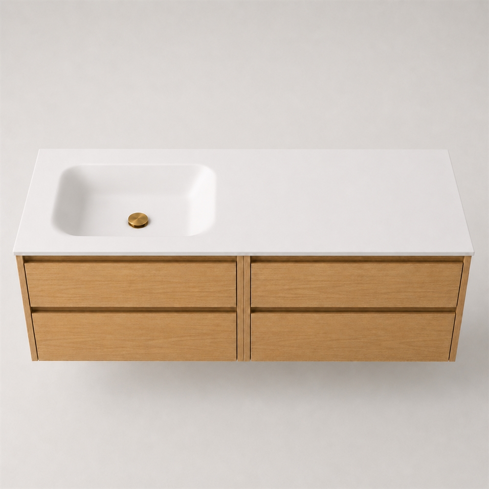 Corian wastafelblad 142 cm incl. Lux wastafel, links, Glacier White